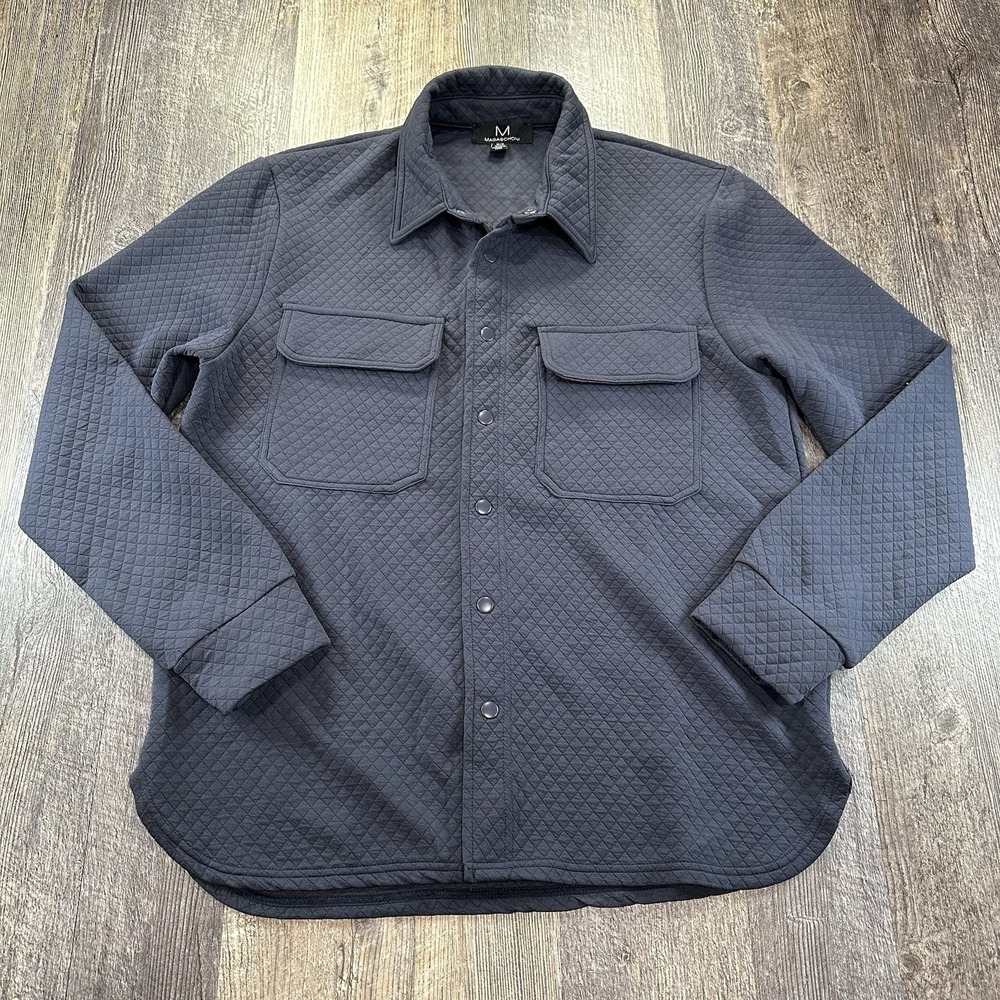 Magaschoni Men's M Quilted Snap Shirt‎ Shacket Pockets Blue Long Sleeve Stretch